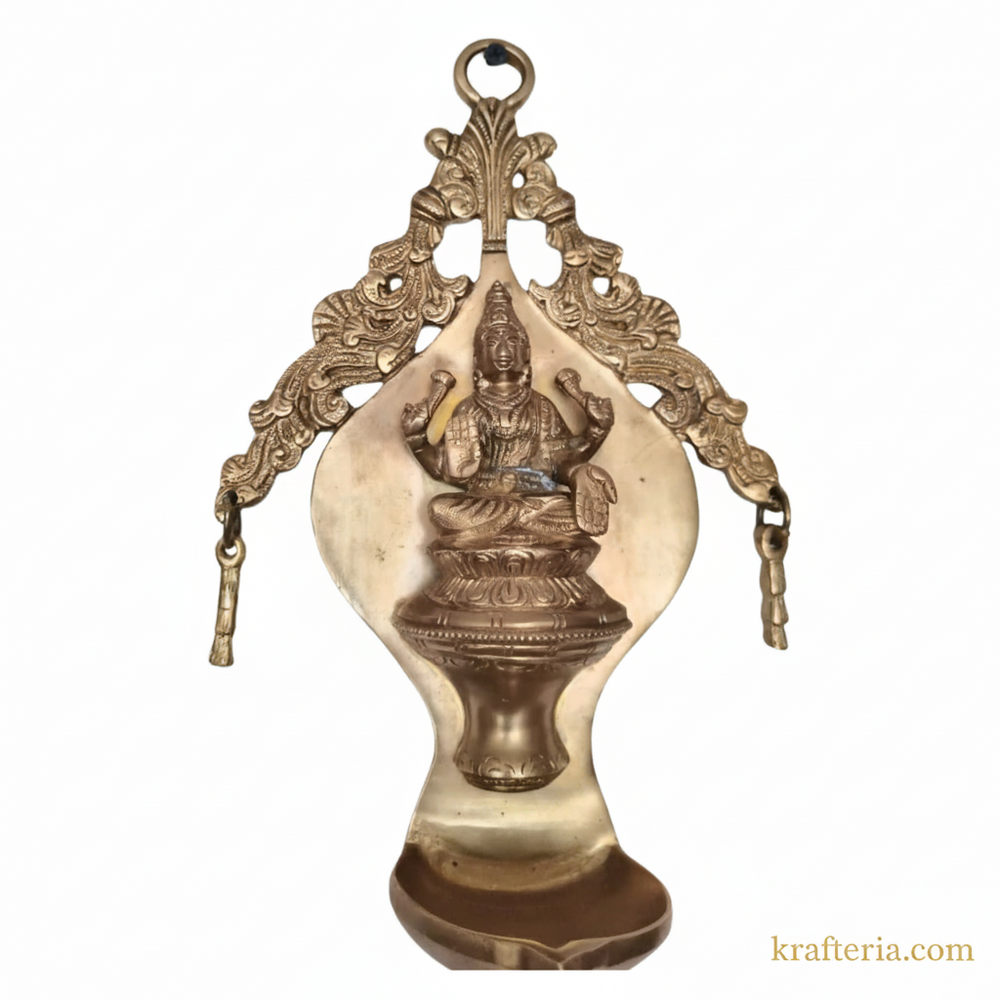 Brass Goddess Lakshmi Wall Hanging Diya | Traditional Oil Lamp with Ornate Arch   Brass Artwork