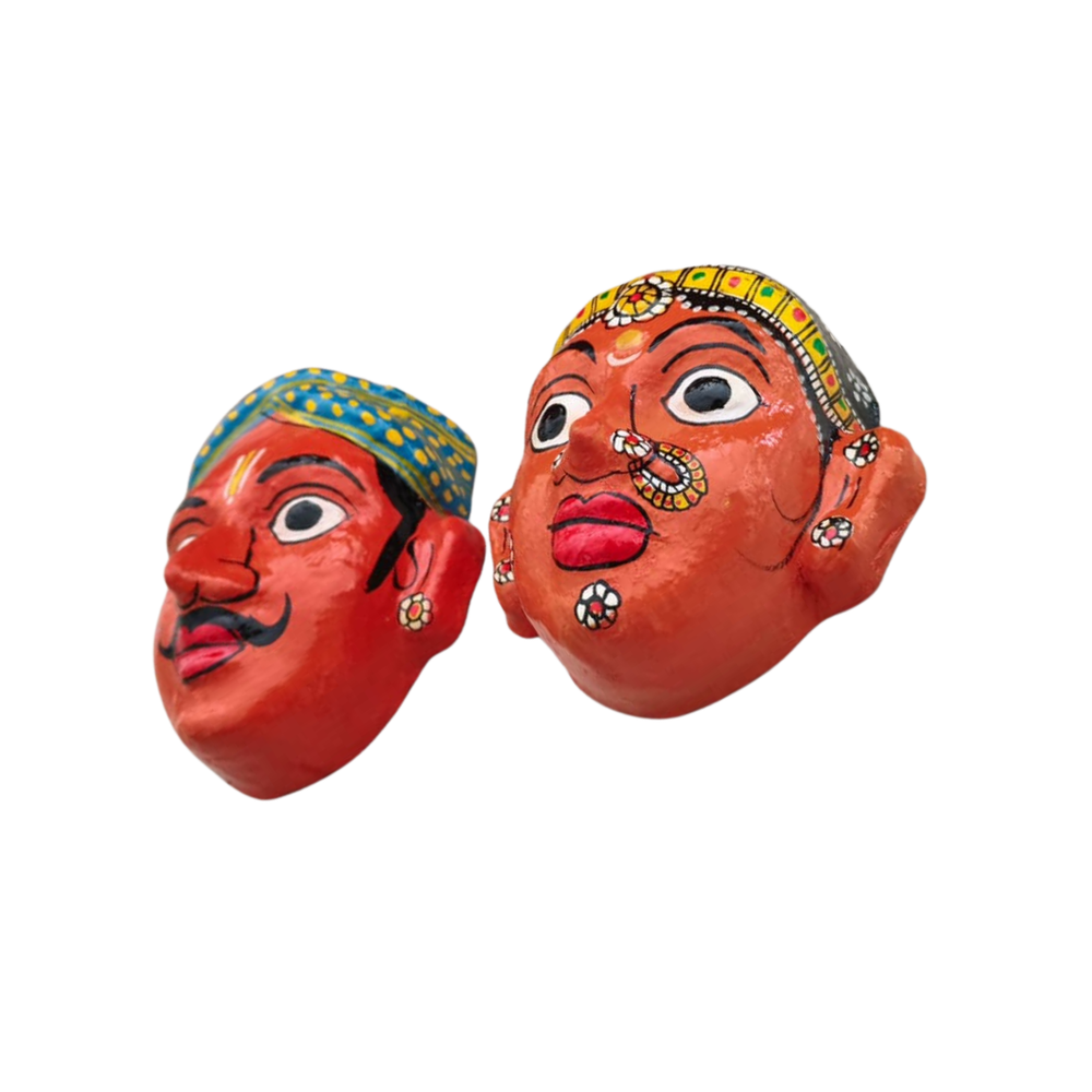 Village Man & Woman Wall Hanging Pair | Cheriyal Folk Art Couple Masks   wall decor