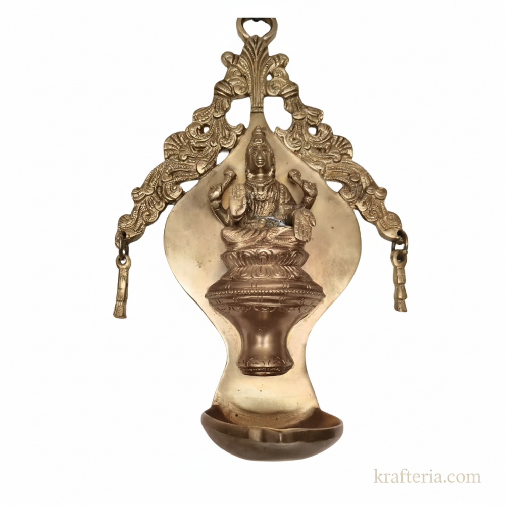 Brass Goddess Lakshmi Wall Hanging Diya | Traditional Oil Lamp with Ornate Arch   Brass Artwork