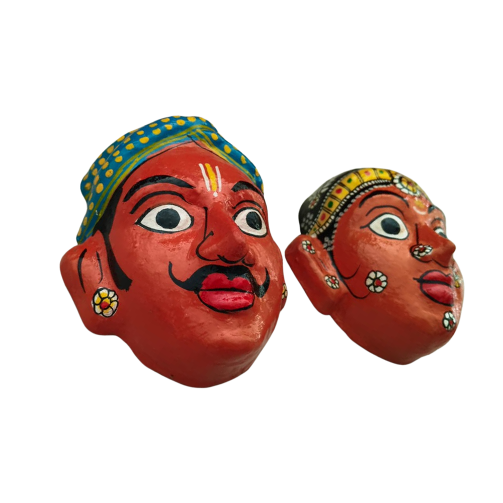 Village Man & Woman Wall Hanging Pair | Cheriyal Folk Art Couple Masks   wall decor