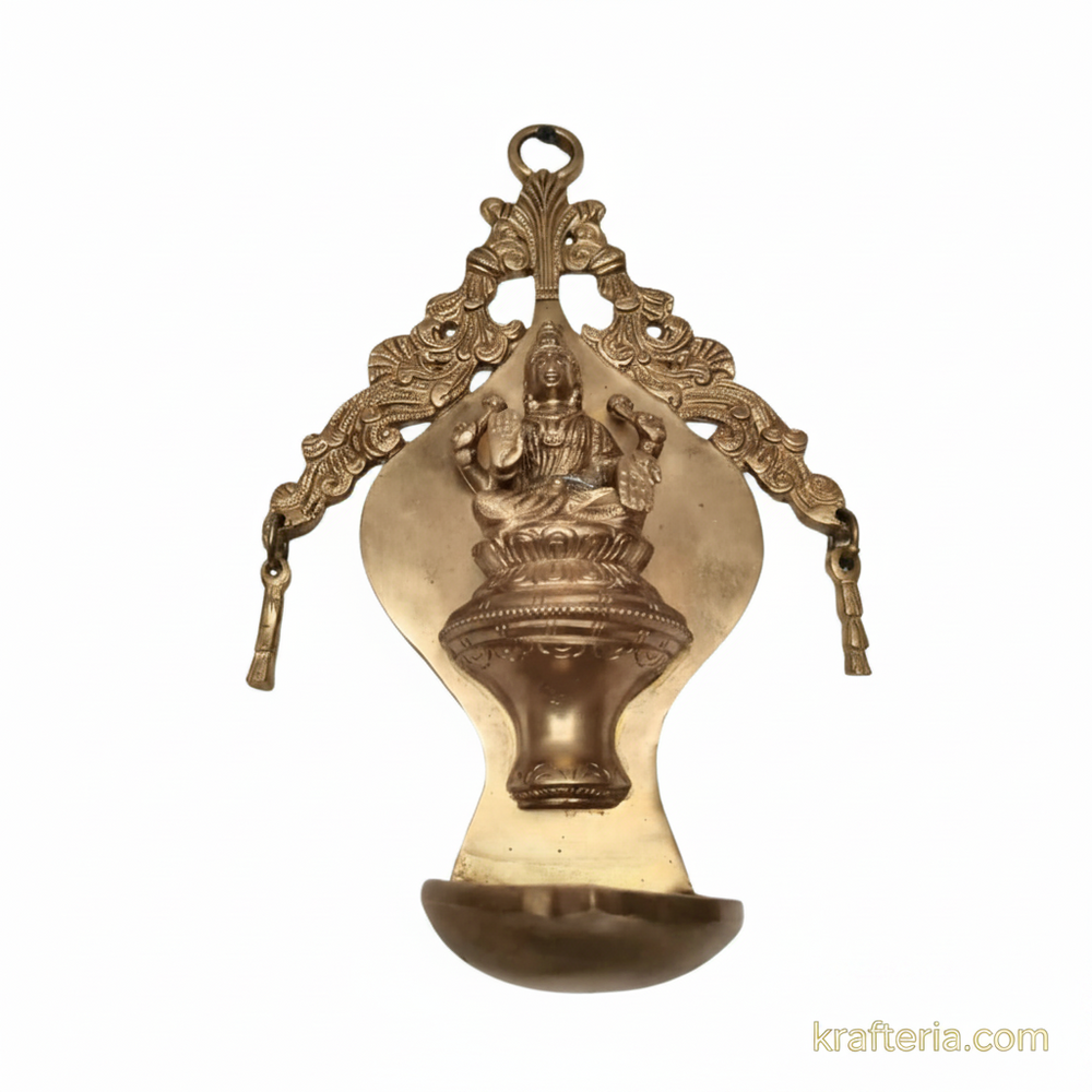 Brass Goddess Lakshmi Wall Hanging Diya | Traditional Oil Lamp with Ornate Arch   Brass Artwork