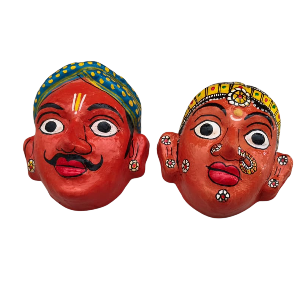 Village Man & Woman Wall Hanging Pair | Cheriyal Folk Art Couple Masks   wall decor