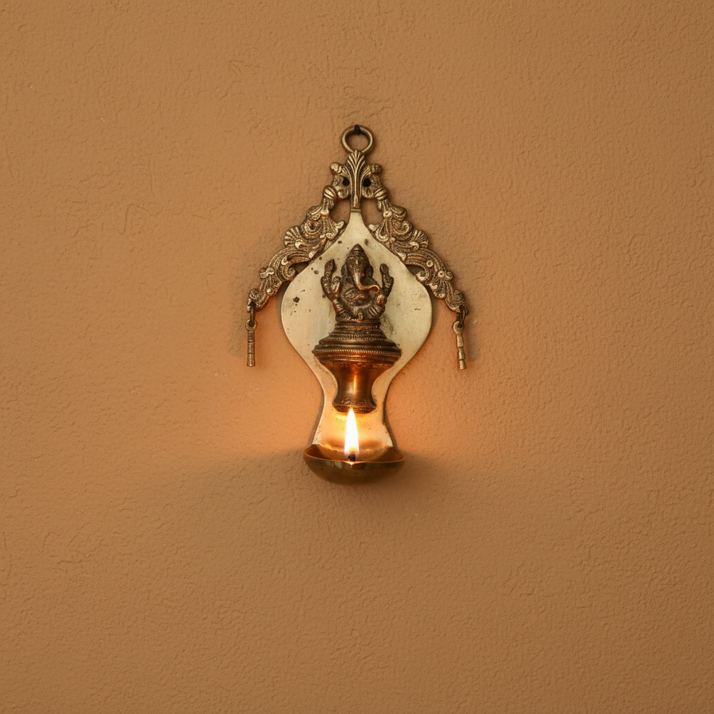Handcrafted Brass Ganesha Wall Hanging Diya | Traditional Spiritual Oil Lamp   Brass Artwork