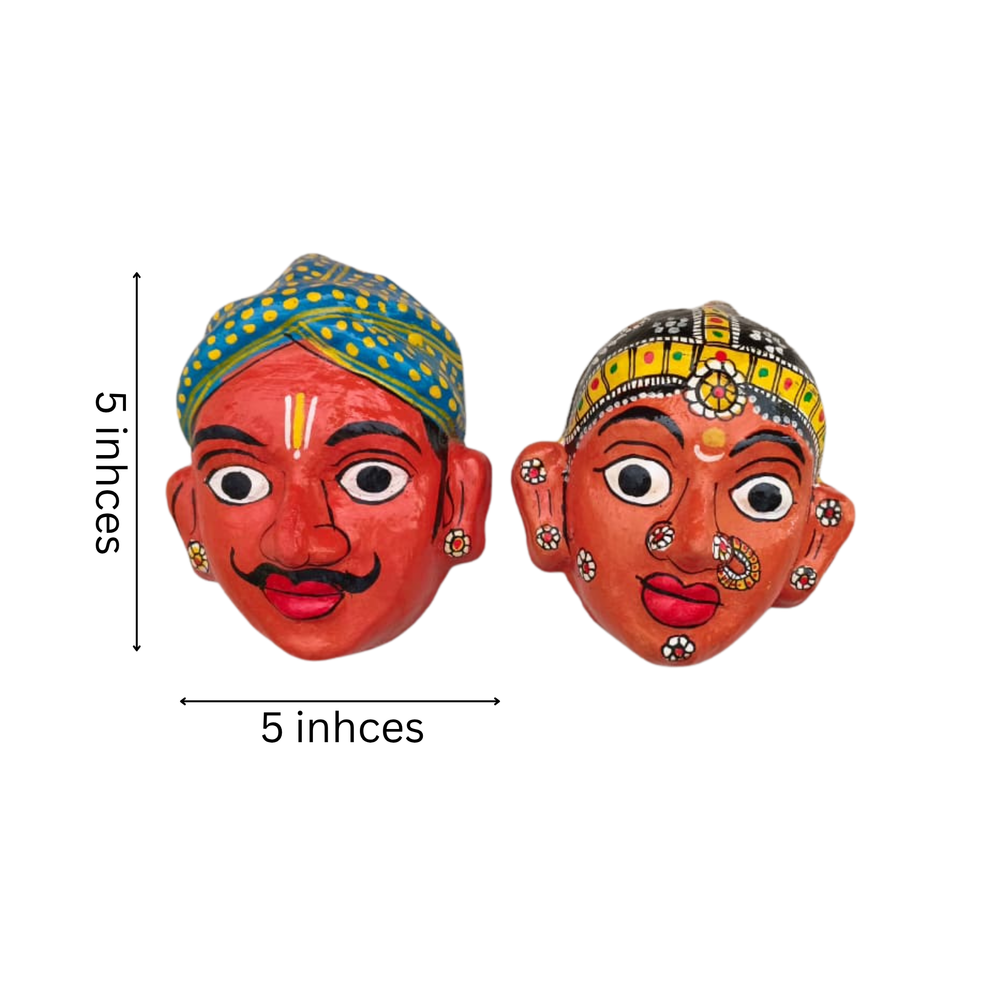 Village Man & Woman Wall Hanging Pair | Cheriyal Folk Art Couple Masks   wall decor