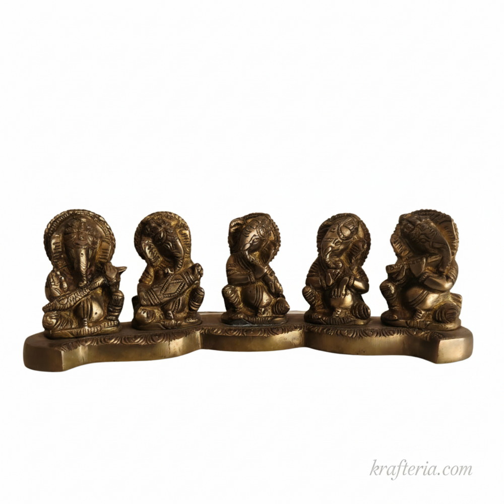 Brass Musical Ganesha Set – 5 Piece Divine Orchestra on Single Pedestal   Brass Artwork