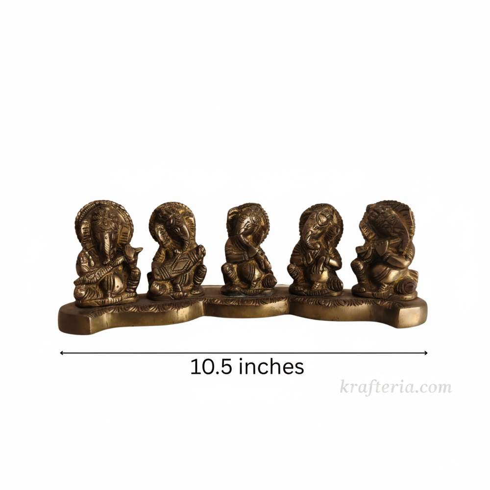 Brass Musical Ganesha Set – 5 Piece Divine Orchestra on Single Pedestal   Brass Artwork