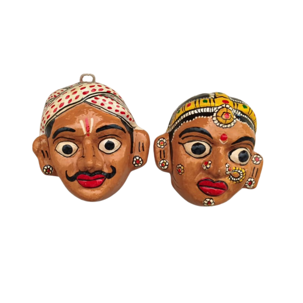 Traditional Cheriyal Art Couple Masks – Rustic Indian Folk Wall Hanging Set   wall decor