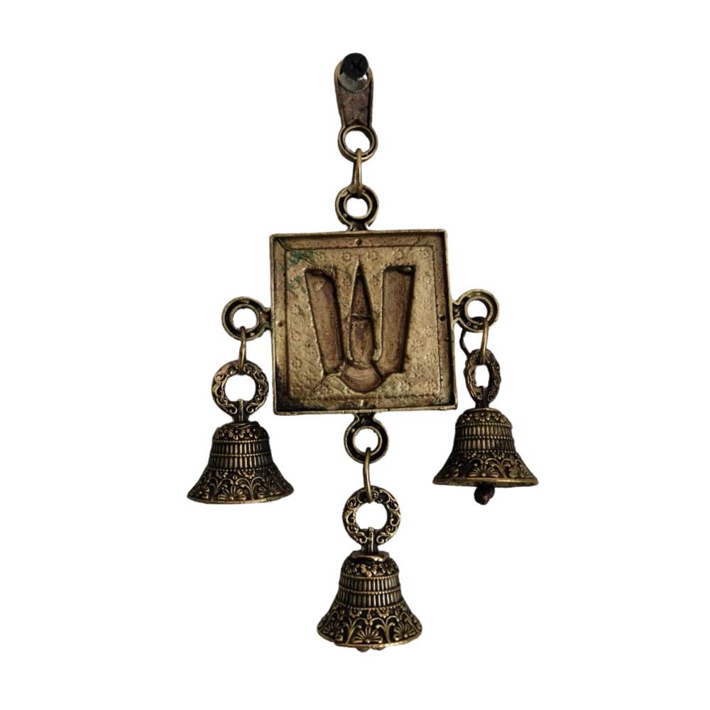 Antique Brass Finish Lord Venkateswara Namam Wall Hanging with Triple Bells   Brass Artwork