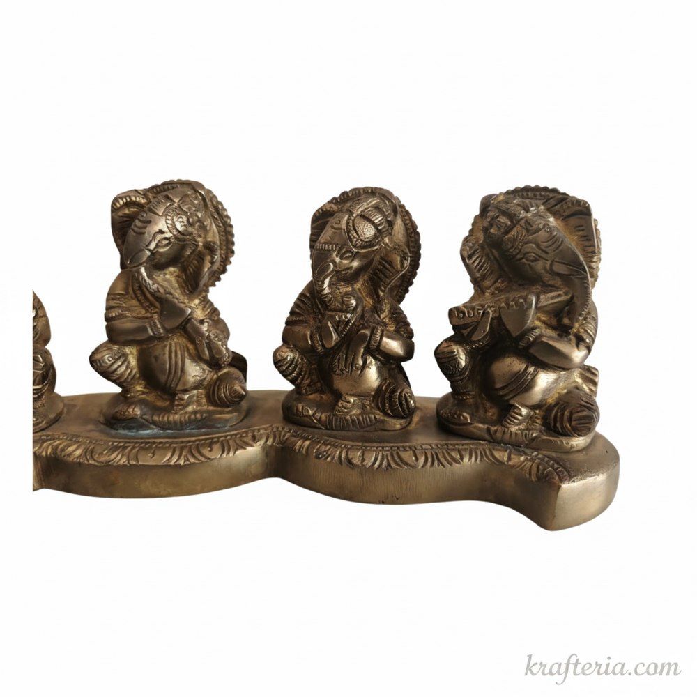 Brass Musical Ganesha Set – 5 Piece Divine Orchestra on Single Pedestal   Brass Artwork