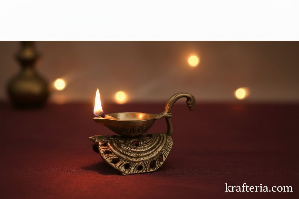 Brass Handheld Diya | Traditional Ritual Oil Lamp with Swan Handle and Ornate Base   Brass Artwork