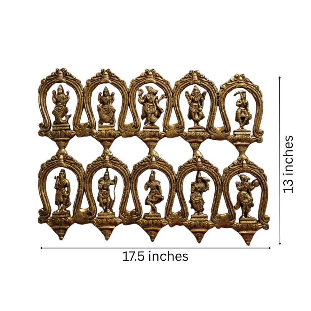 Dashavatara Brass Wall Panel - Rectangular 10 Avatars of Lord Vishnu Wall Hanging   Brass Artwork