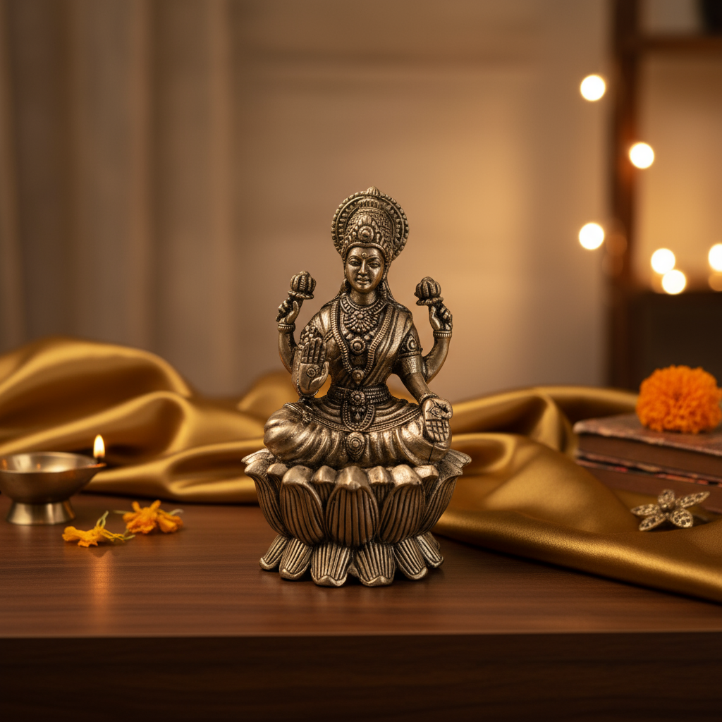Brass Goddess Lakshmi Idol Seated on Lotus