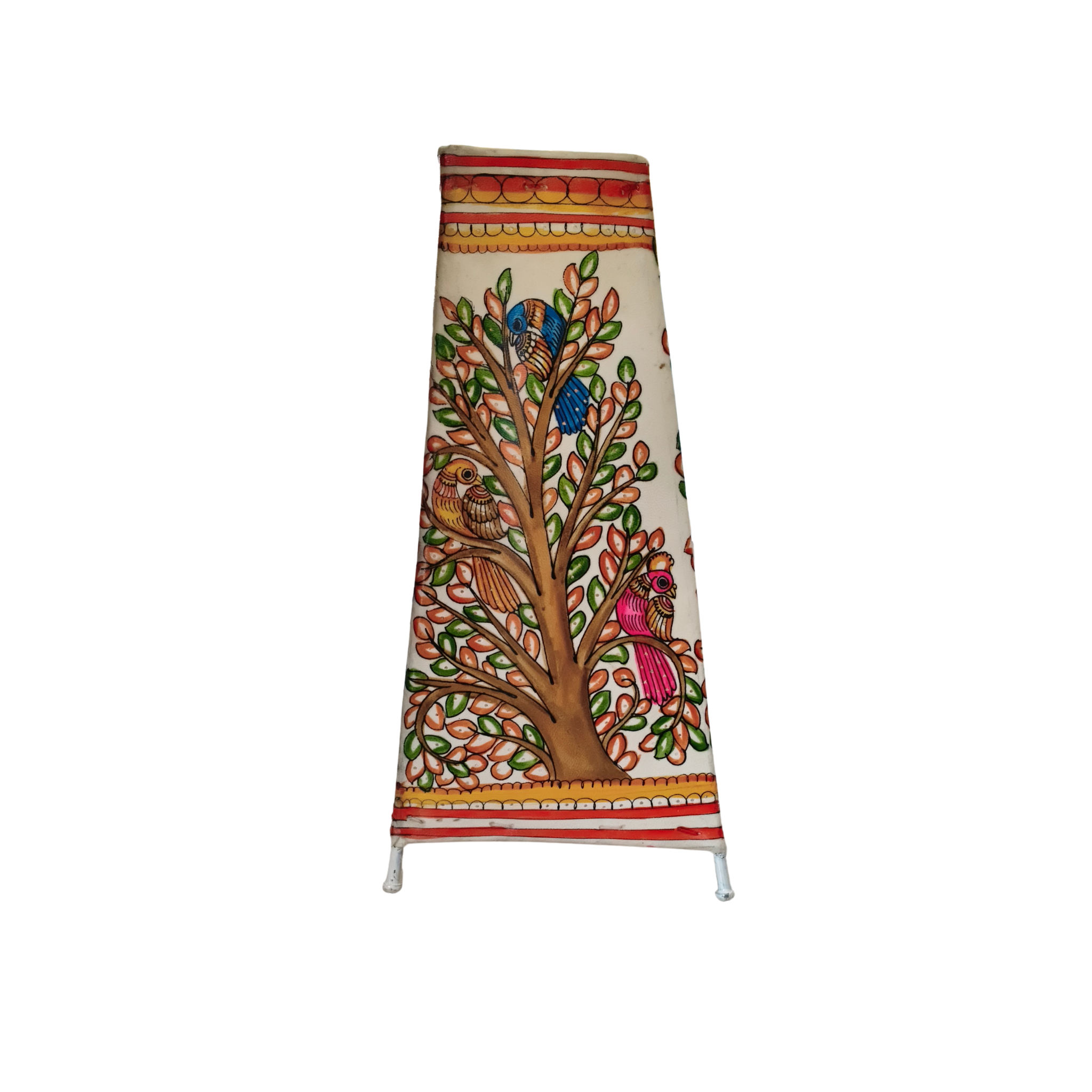 Hand-Painted Leather Lamp with Tree of Life and Colorful Birds