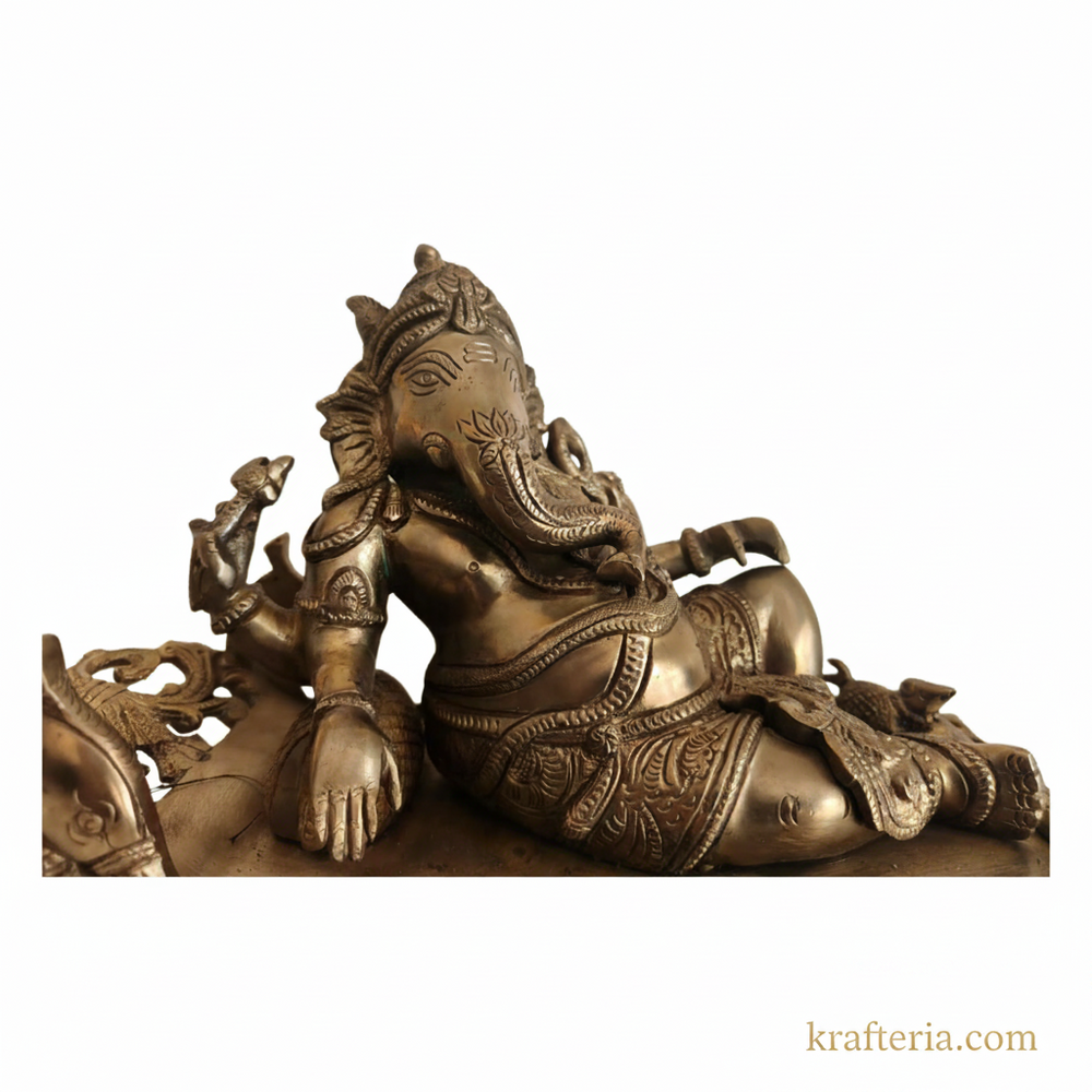 Brass Reclining Ganesha Statue – Traditional Relaxed Ganesha on Peacock Couch Idol   Brass Artwork