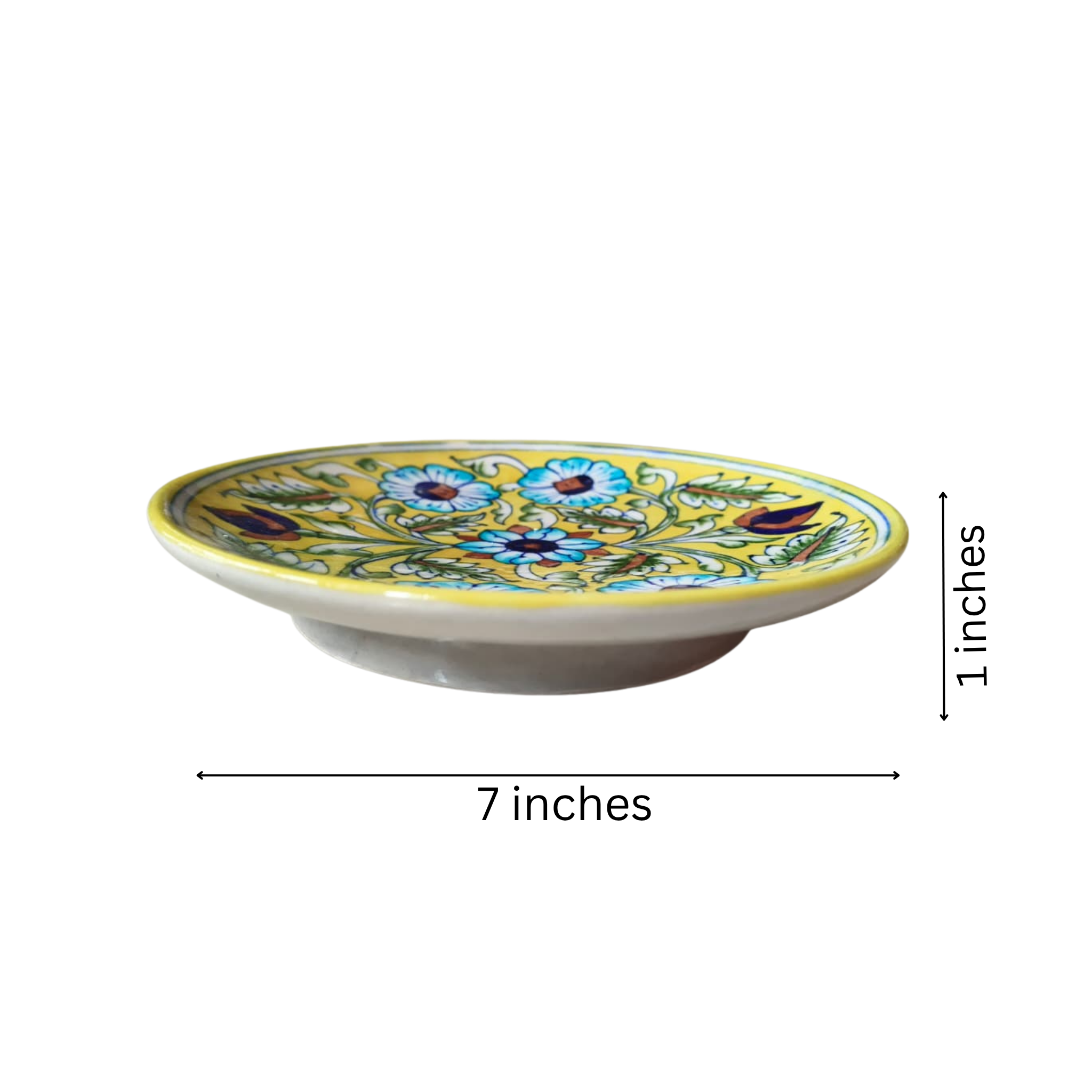 Hand-Painted Blue Pottery Floral Wall Plate | Yellow Decorative Quartz Art