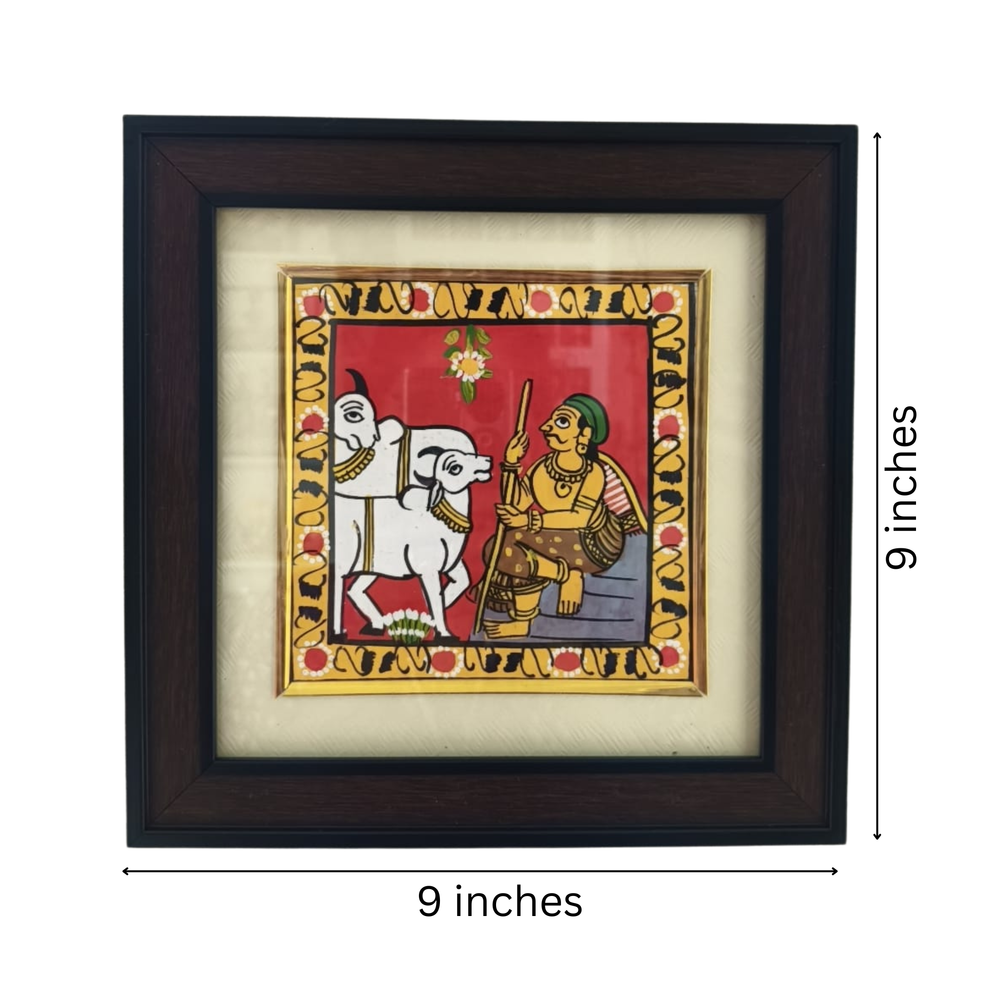 Traditional Cowherd with Bulls - Cheriyal Folk Art Painting   Cheriyala Painting