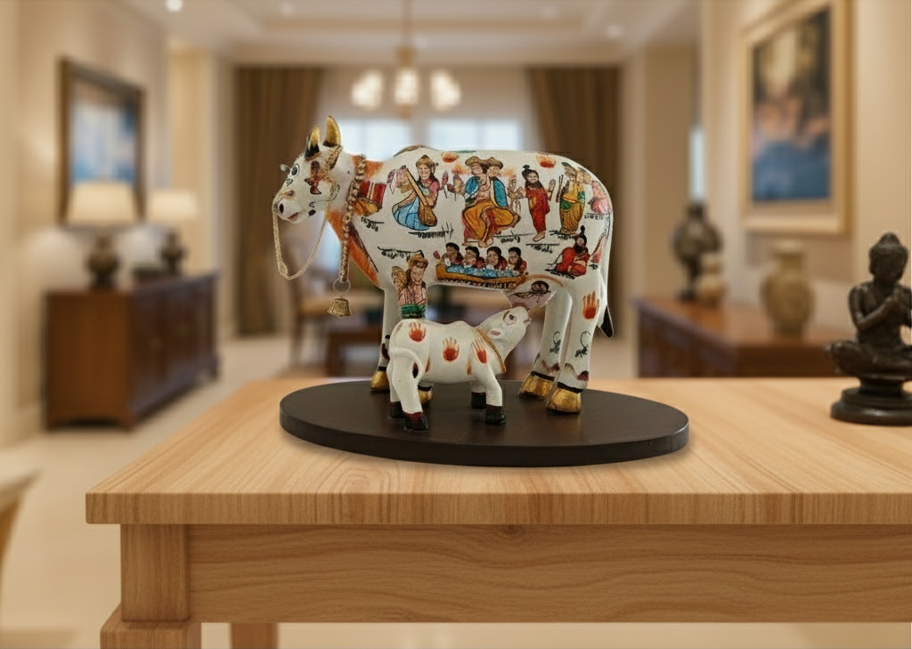 Kamadhenu Resin Cow with Calf | Decorative Spiritual Figurine