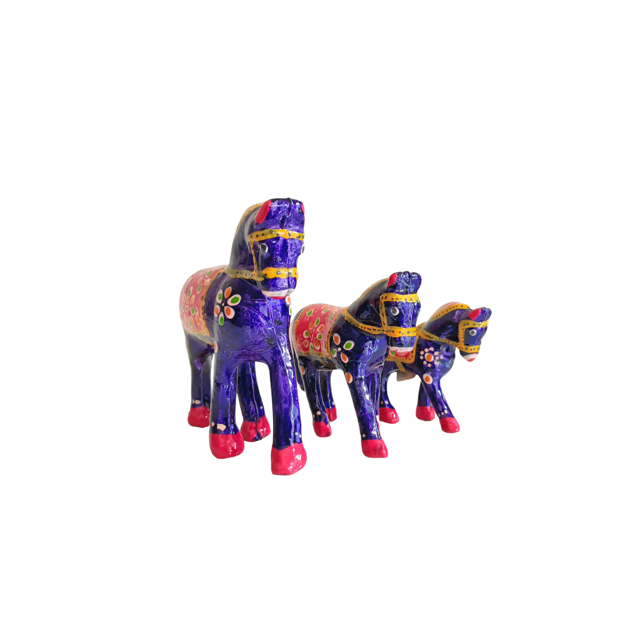 Set of 3 Hand-Painted Wooden Horses - Royal Blue & Pink Indian Folk Art Decor
