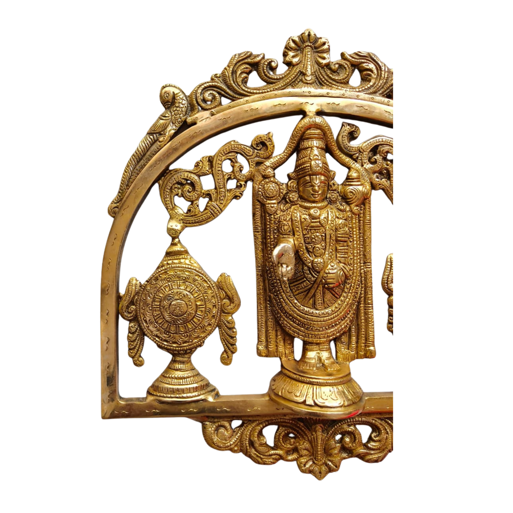 Lord Venkateswara Brass Wall Hanging with Shankh & Chakra - Balaji Prabhavali Wall Art   Brass Artwork