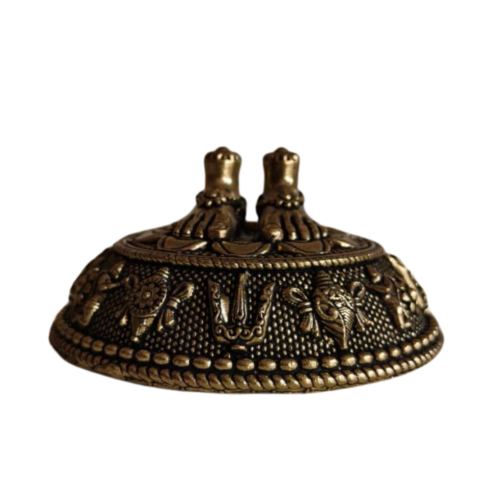 Brass Paduka with Protective Dome – Sacred Divine Footprints for Vastu & Puja   Brass Artwork