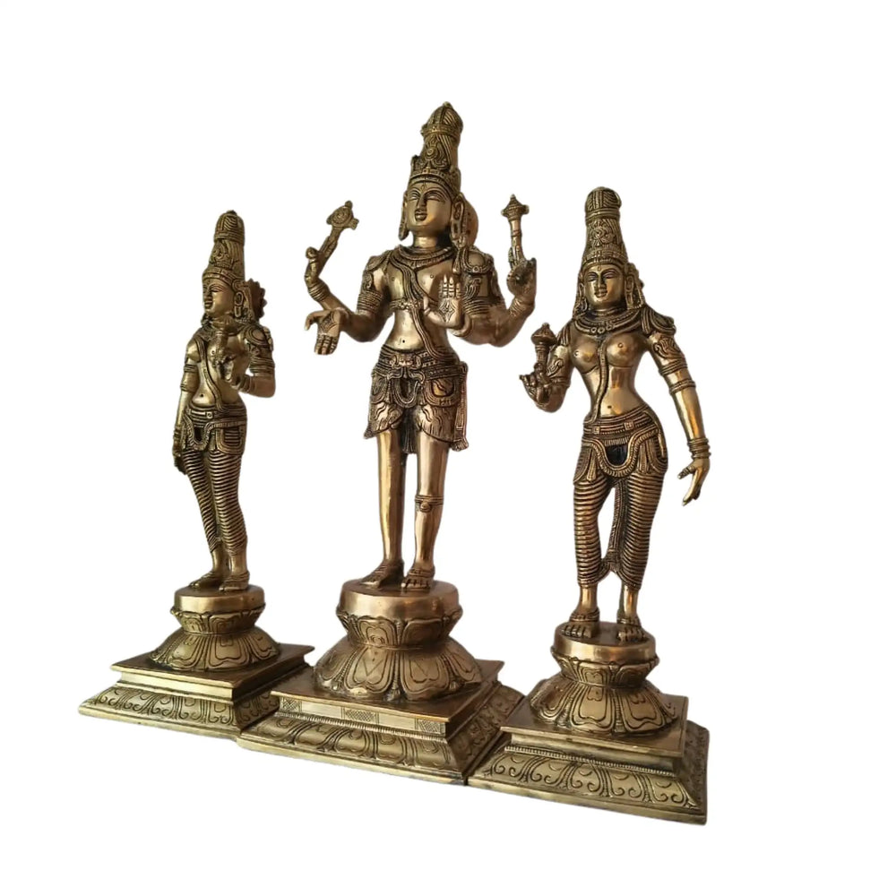 Brass Vishnu Lakshmi Bhudevi Statue Set – Antique Finish Hindu Deity Trio Idol   Brass Ware
