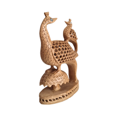 Hand-Carved Wooden Peacock Pair with Filigree Detail