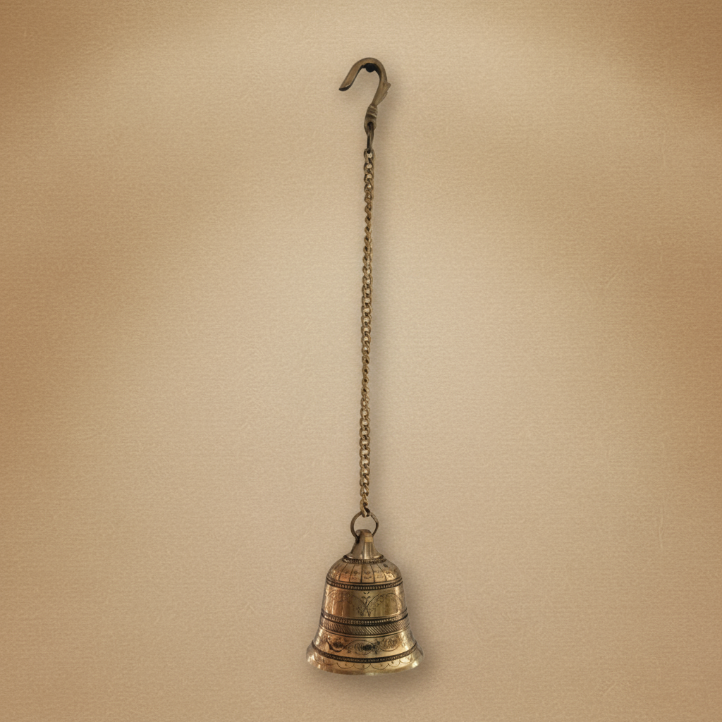 Handcrafted Antique Finish Hanging Brass Temple Bell with Chain and Hook