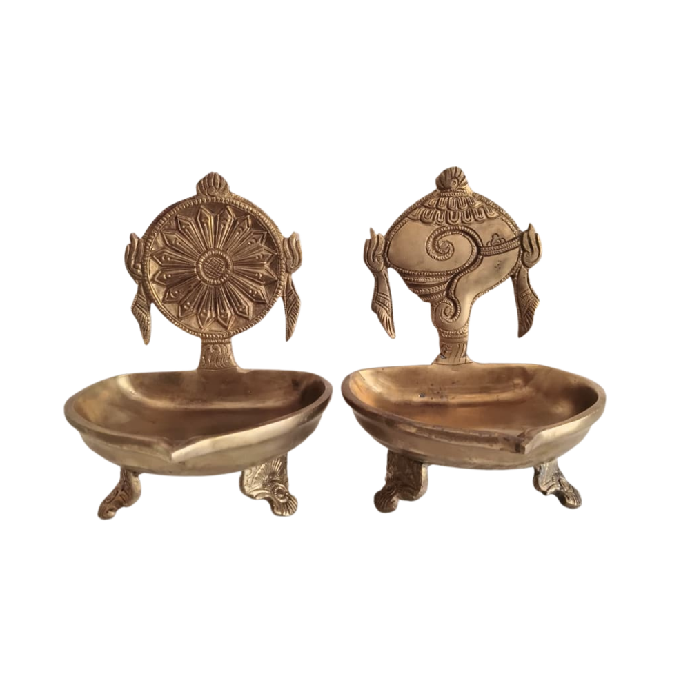 Handcrafted Brass Shankh Chakra Table Diya Set | Traditional Spiritual Oil Lamps   Brass Artwork