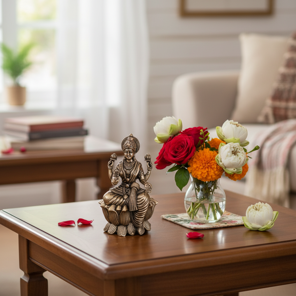 Classic Four-Armed Brass Lakshmi Idol Seated on Lotus - Symbol of Prosperity