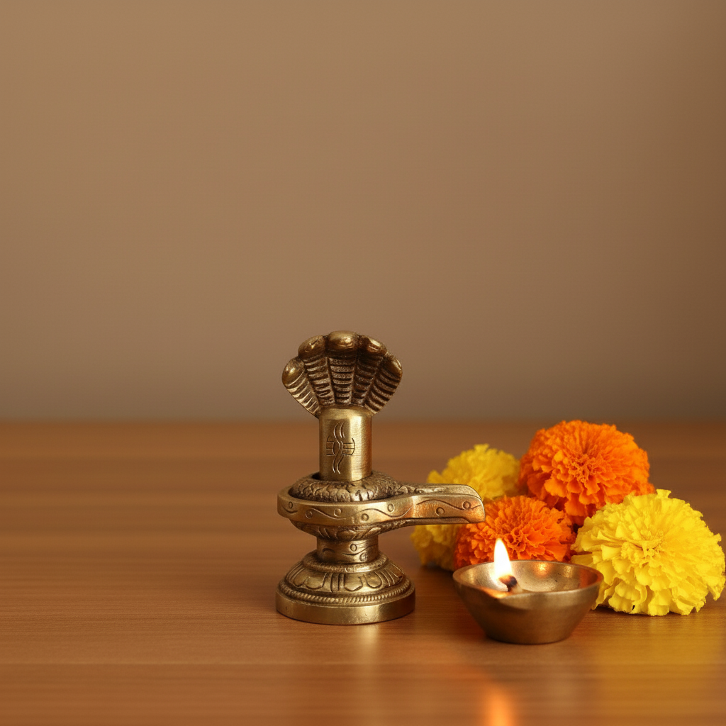 Sacred Brass Shiva Lingam and Yoni Pitha Adorned with Multi-Hooded Naga