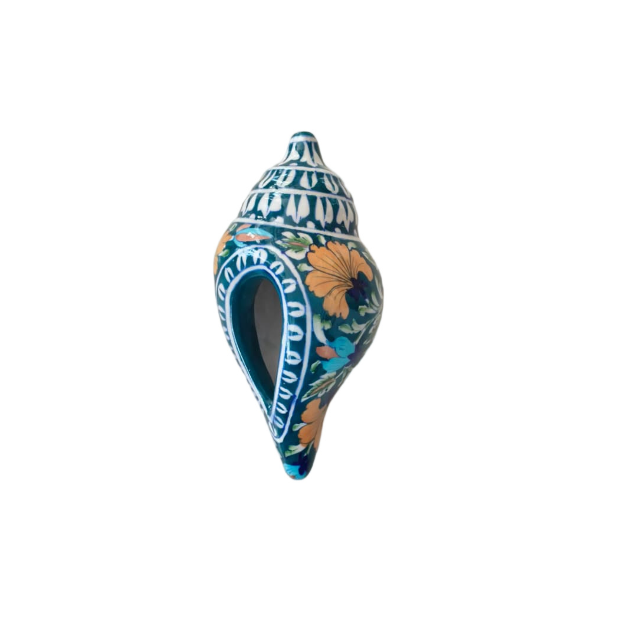 Hand-Painted Blue Pottery Shank Decor | Traditional Conch Shell Art