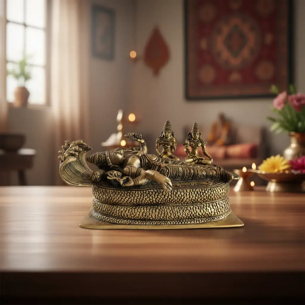 Brass Vishnu Ananta Shesha Statue – Lord Vishnu Resting with Goddess Lakshmi & Bhudevi   Brass Ware