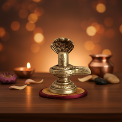 Sacred Brass Shiva Lingam and Yoni Pitha Adorned with Multi-Hooded Naga