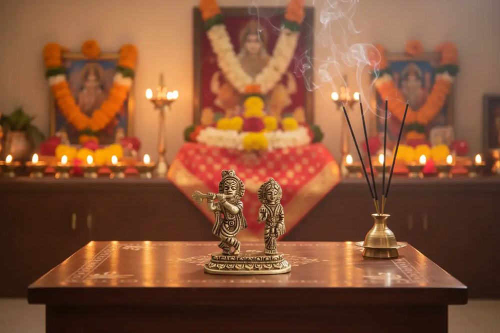 Brass Radha Krishna Idol with Flute and Peacock – Symbol of Eternal Love and Devotion   Brass Ware