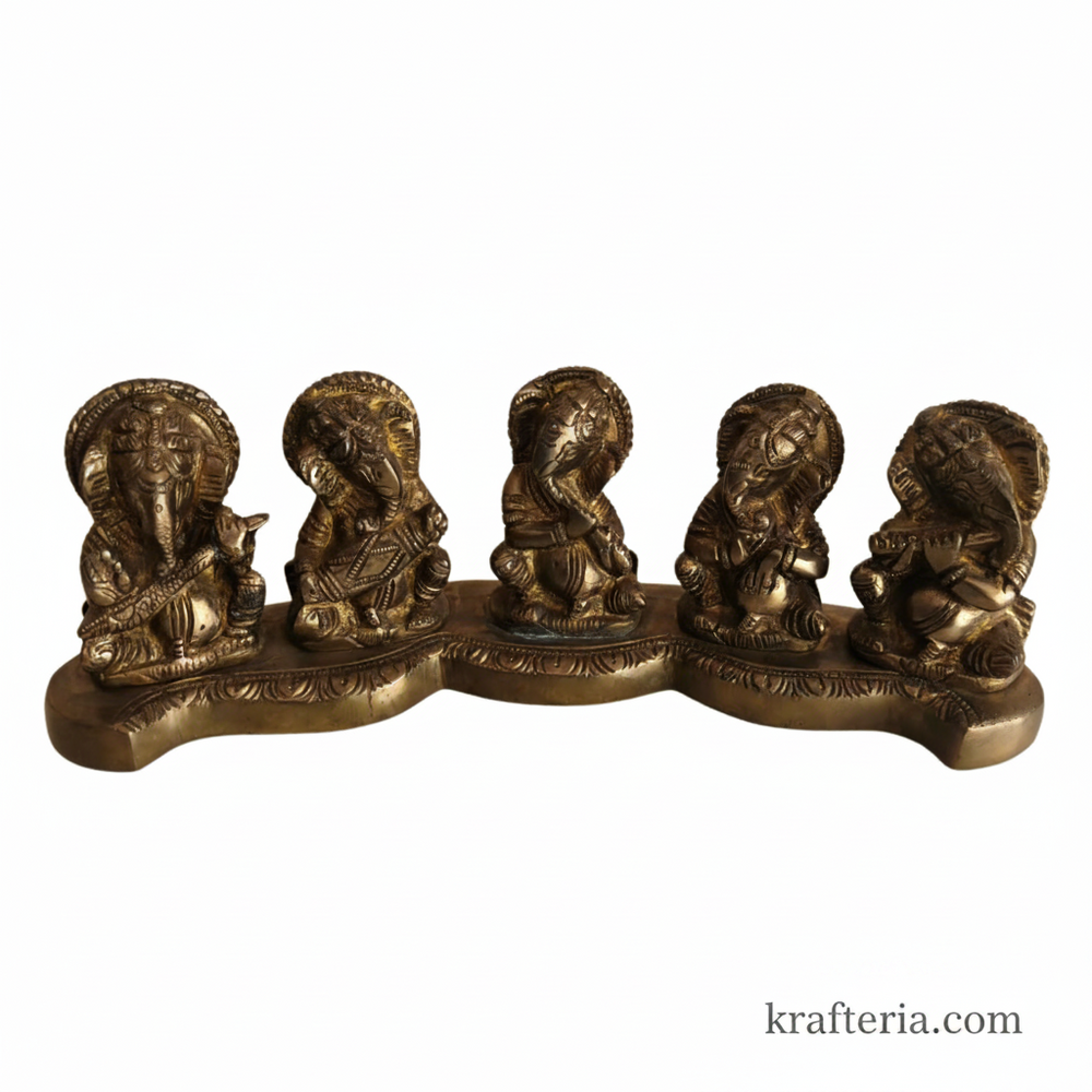 Brass Musical Ganesha Set – 5 Piece Divine Orchestra on Single Pedestal   Brass Artwork