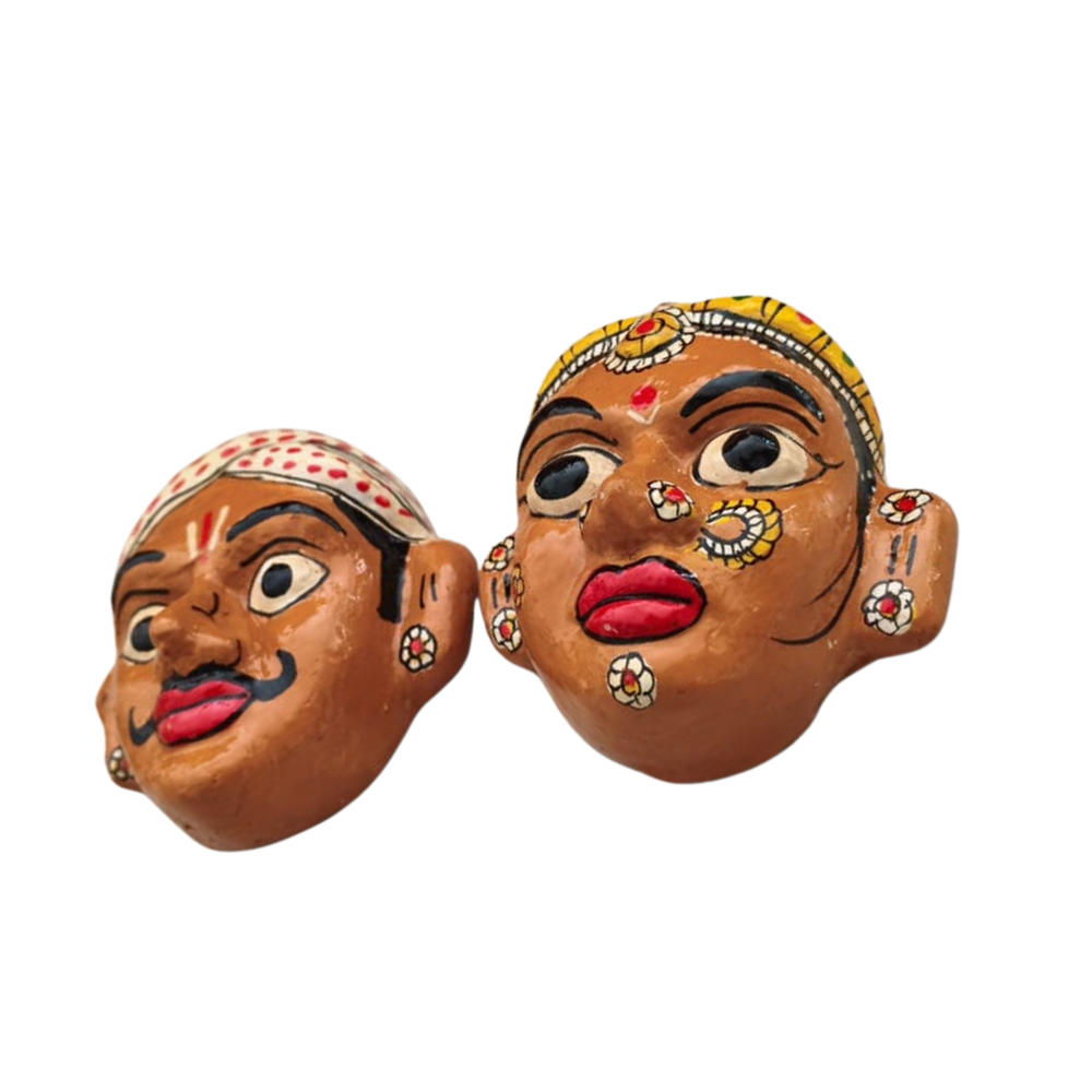 Traditional Cheriyal Art Couple Masks – Rustic Indian Folk Wall Hanging Set   wall decor