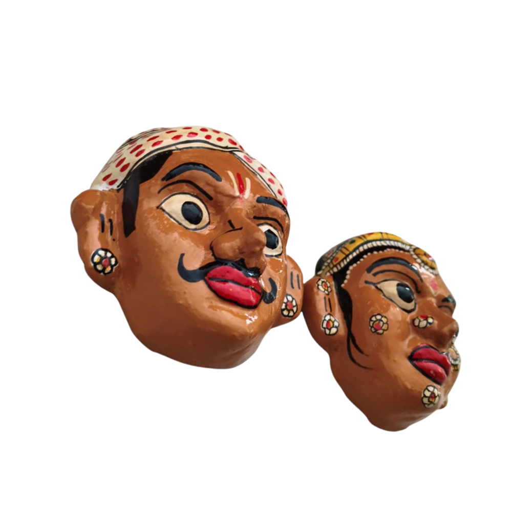 Traditional Cheriyal Art Couple Masks – Rustic Indian Folk Wall Hanging Set   wall decor