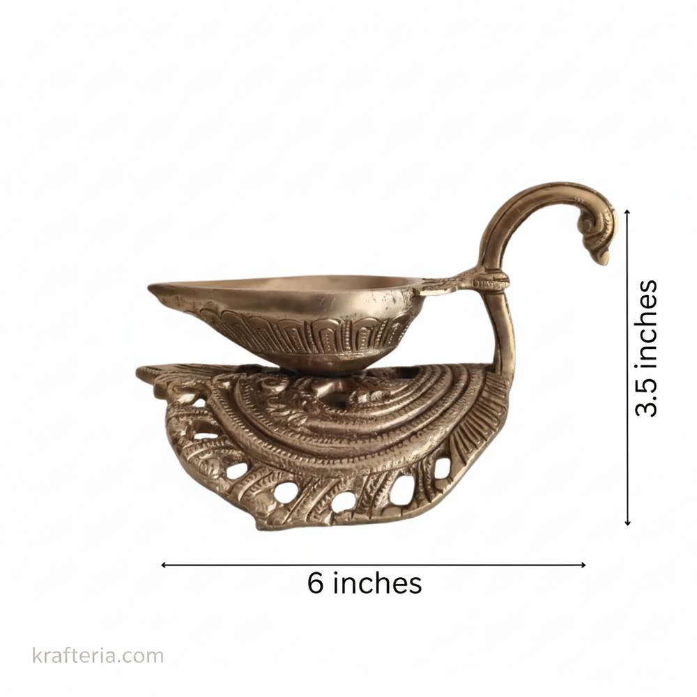 Brass Handheld Diya | Traditional Ritual Oil Lamp with Swan Handle and Ornate Base   Brass Artwork