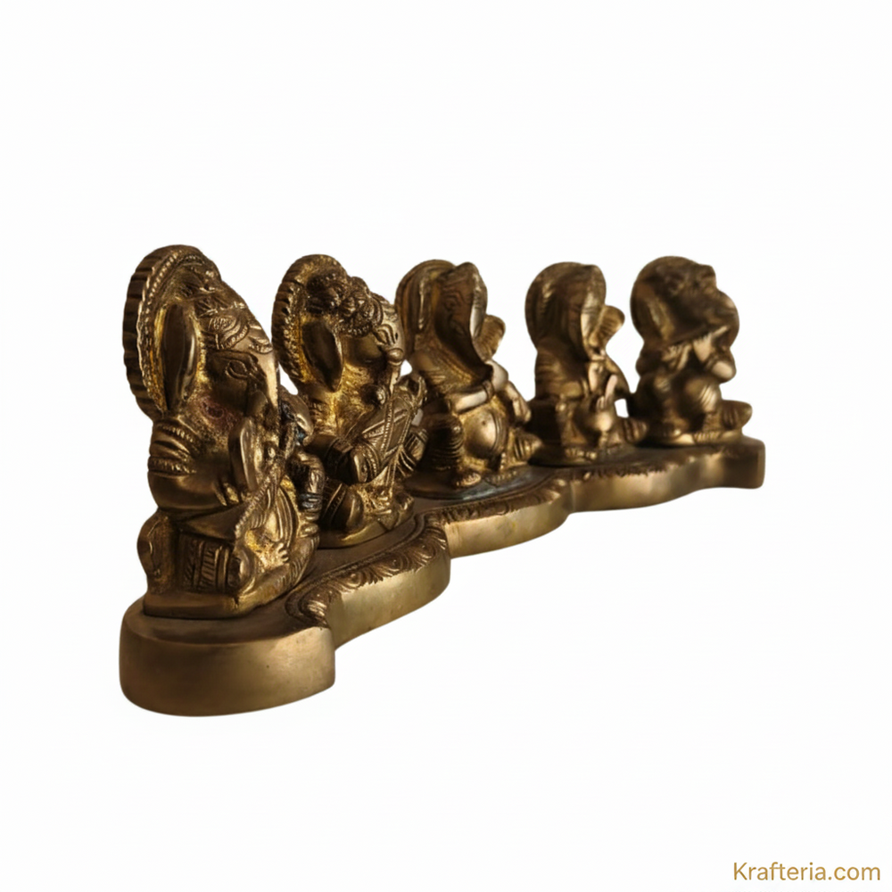 Brass Musical Ganesha Set – 5 Piece Divine Orchestra on Single Pedestal   Brass Artwork