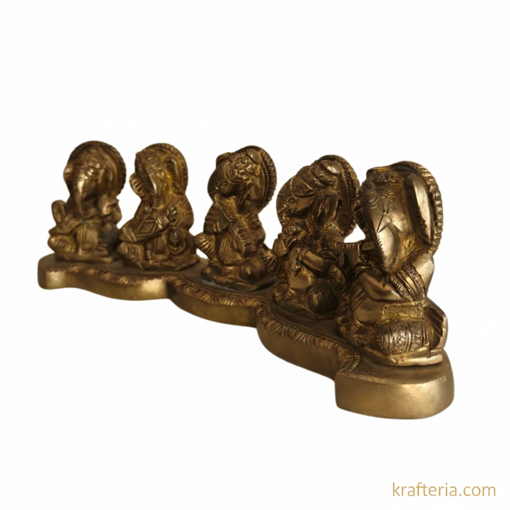 Brass Musical Ganesha Set – 5 Piece Divine Orchestra on Single Pedestal   Brass Artwork