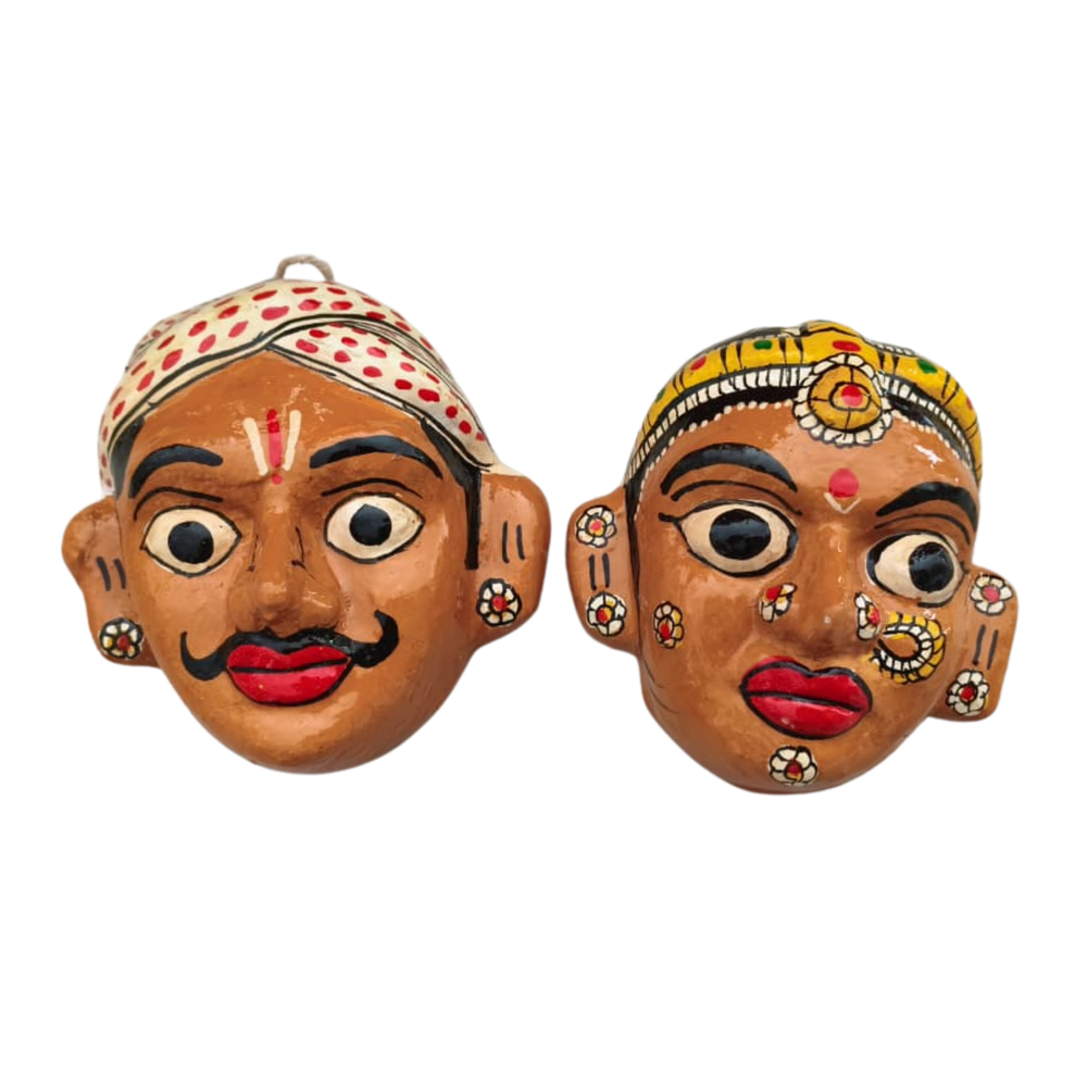 Traditional Cheriyal Art Couple Masks – Rustic Indian Folk Wall Hanging Set   wall decor