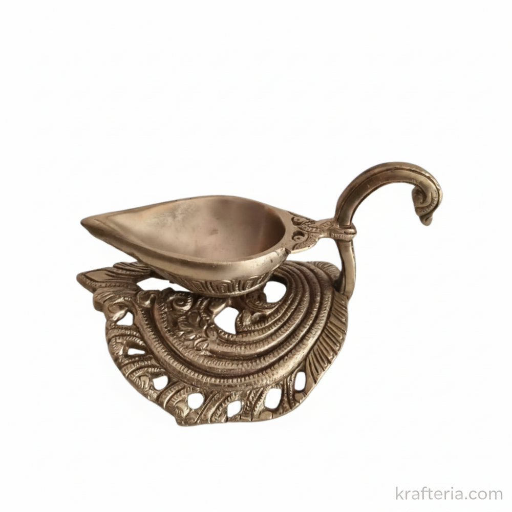 Brass Handheld Diya | Traditional Ritual Oil Lamp with Swan Handle and Ornate Base   Brass Artwork
