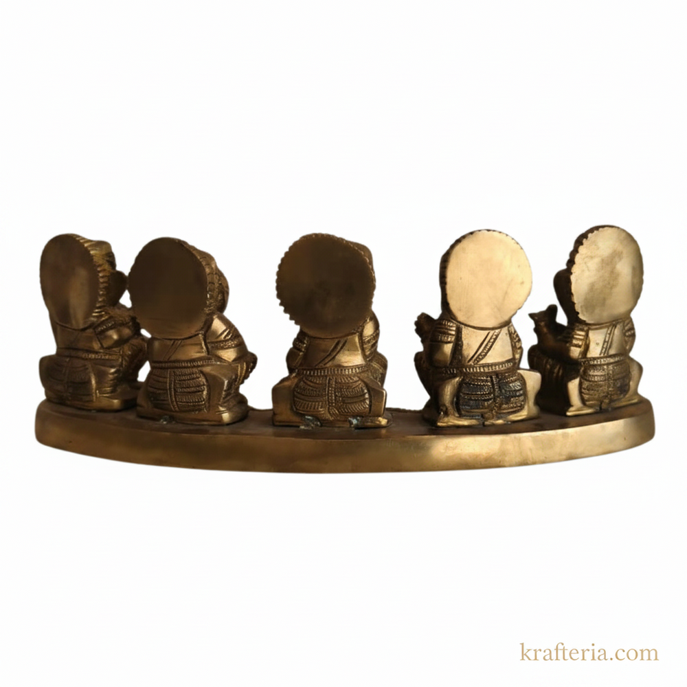 Brass Musical Ganesha Set – 5 Piece Divine Orchestra on Single Pedestal   Brass Artwork