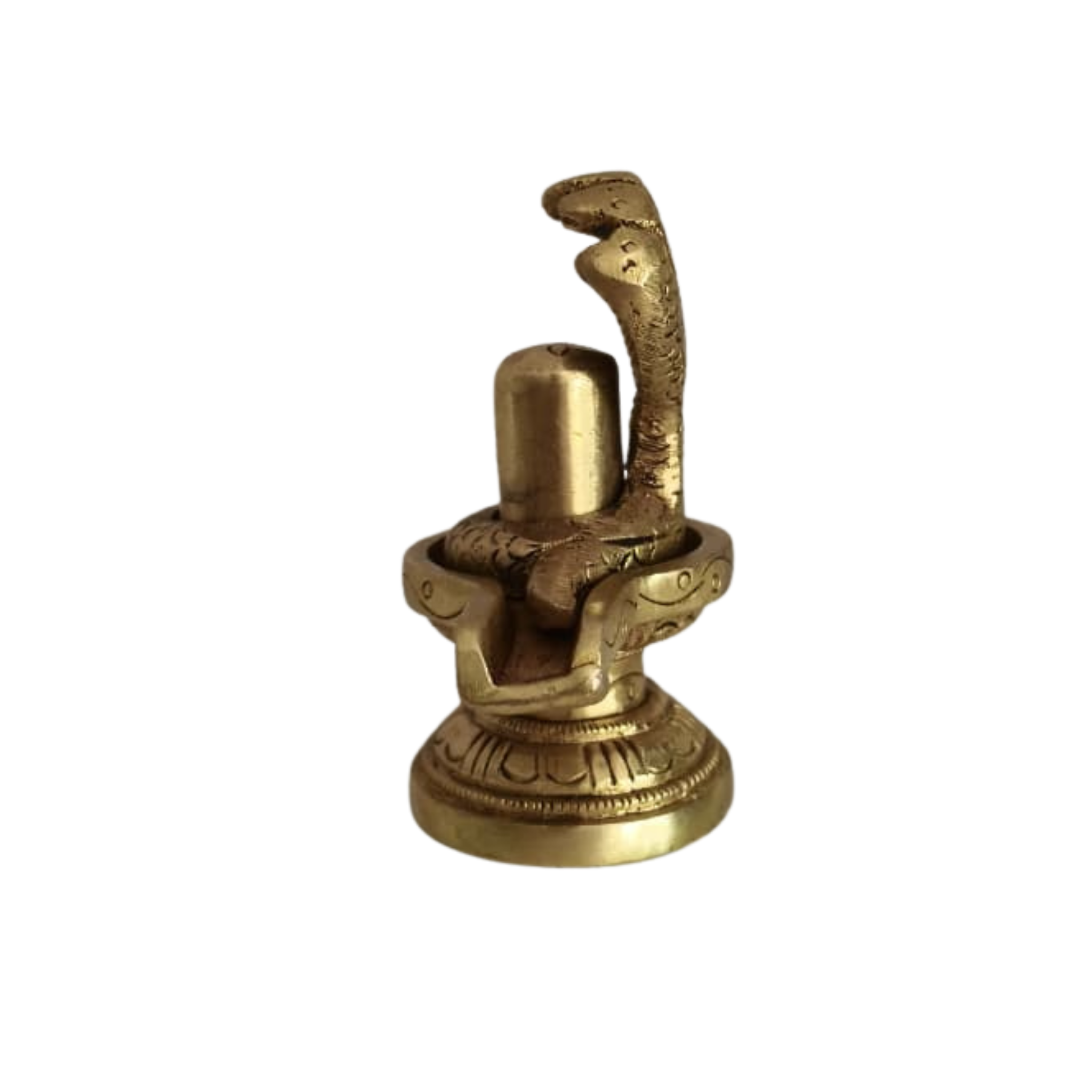 Sacred Brass Shiva Lingam and Yoni Pitha Adorned with Multi-Hooded Naga