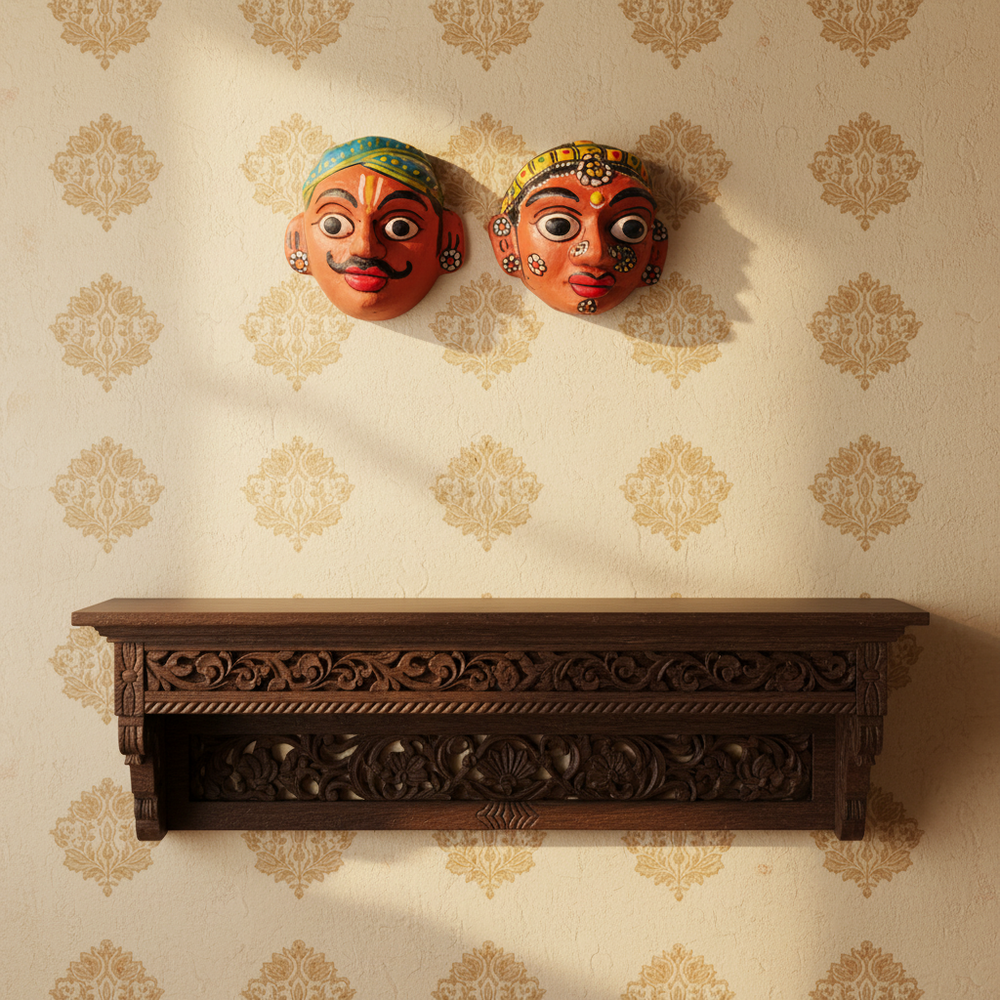 Traditional Cheriyal Art Couple Masks – Rustic Indian Folk Wall Hanging Set   wall decor