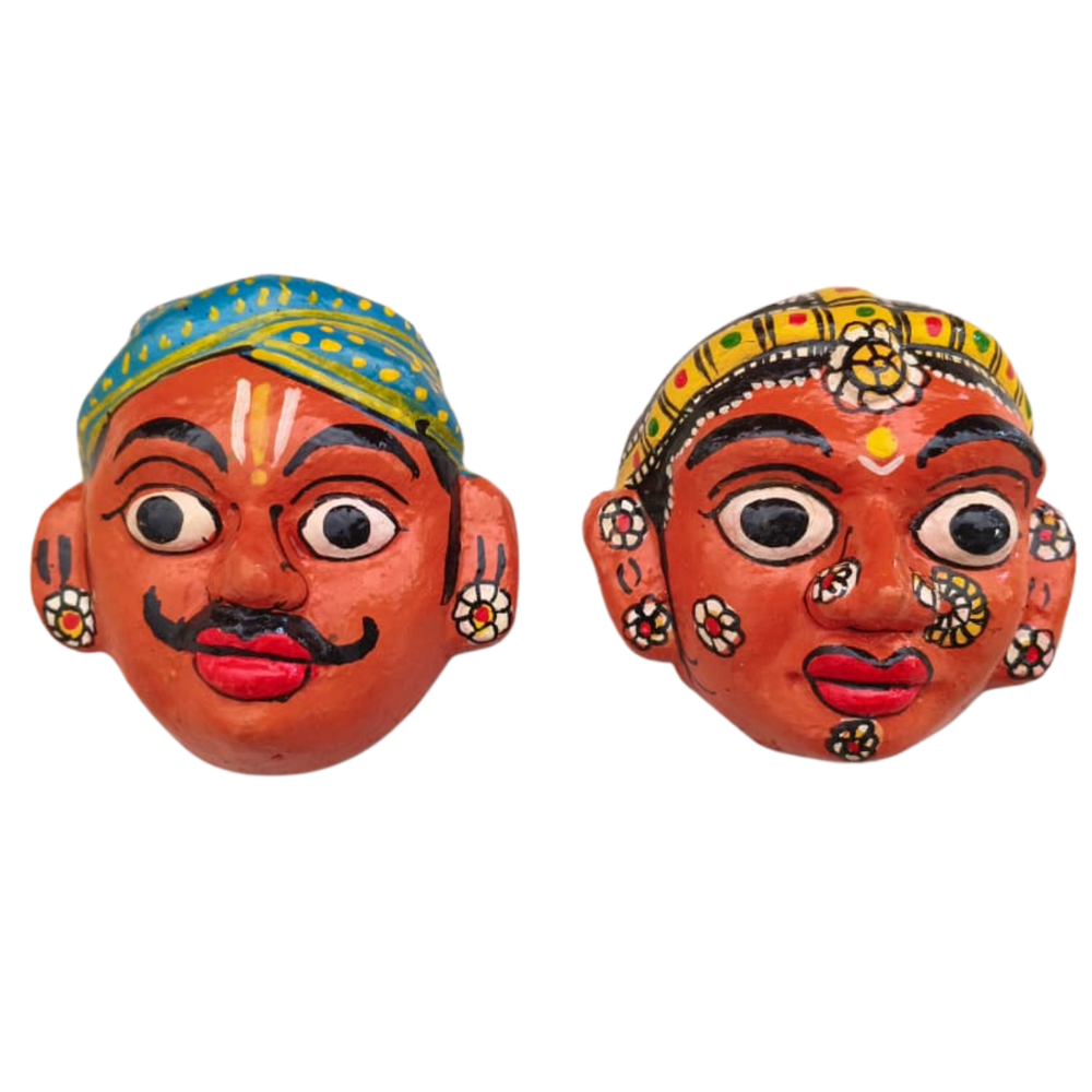 Traditional Cheriyal Art Couple Masks – Rustic Indian Folk Wall Hanging Set   wall decor