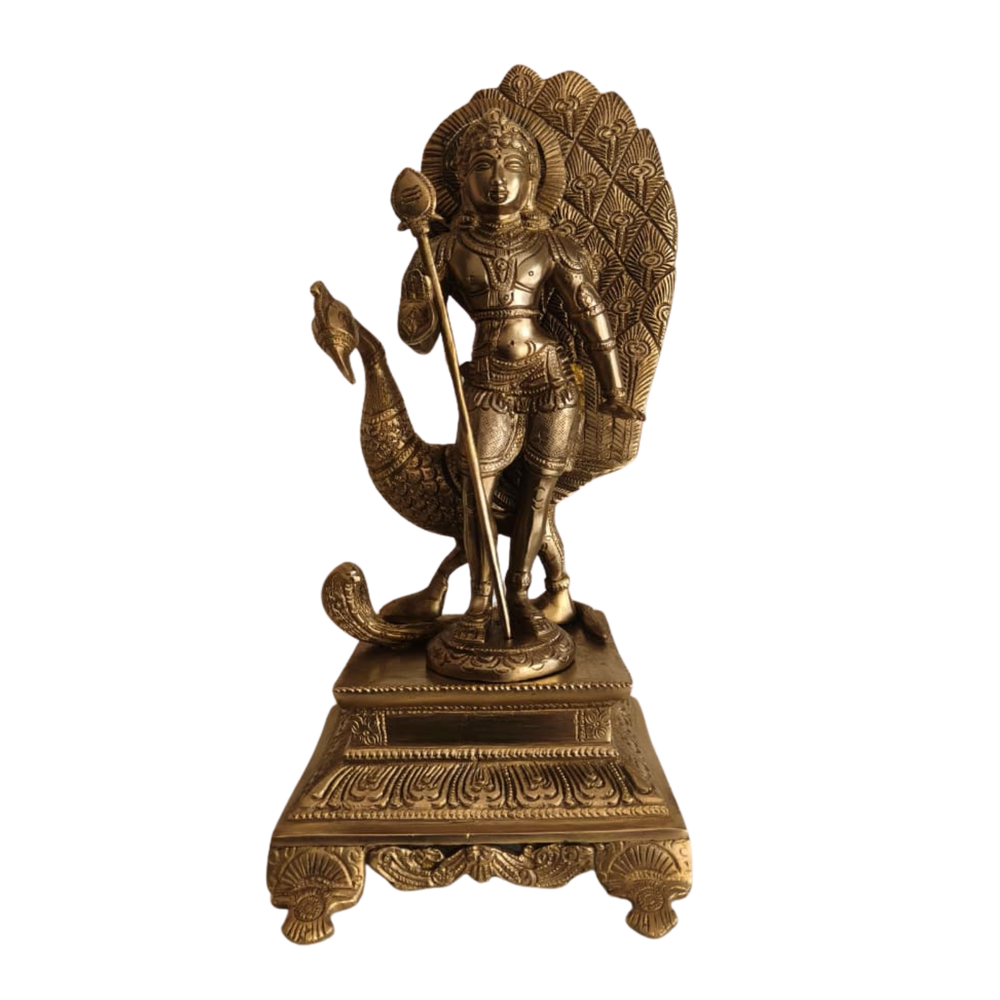 Traditional Lord Kartikeya Statue with Peacock and Vel for Home Temple & Spiritual Decor   Brass Artwork