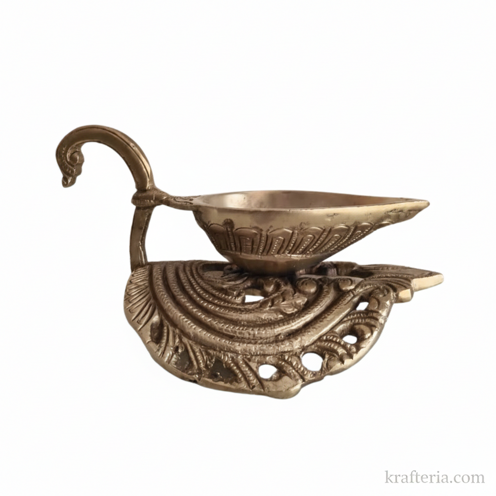Brass Handheld Diya | Traditional Ritual Oil Lamp with Swan Handle and Ornate Base   Brass Artwork