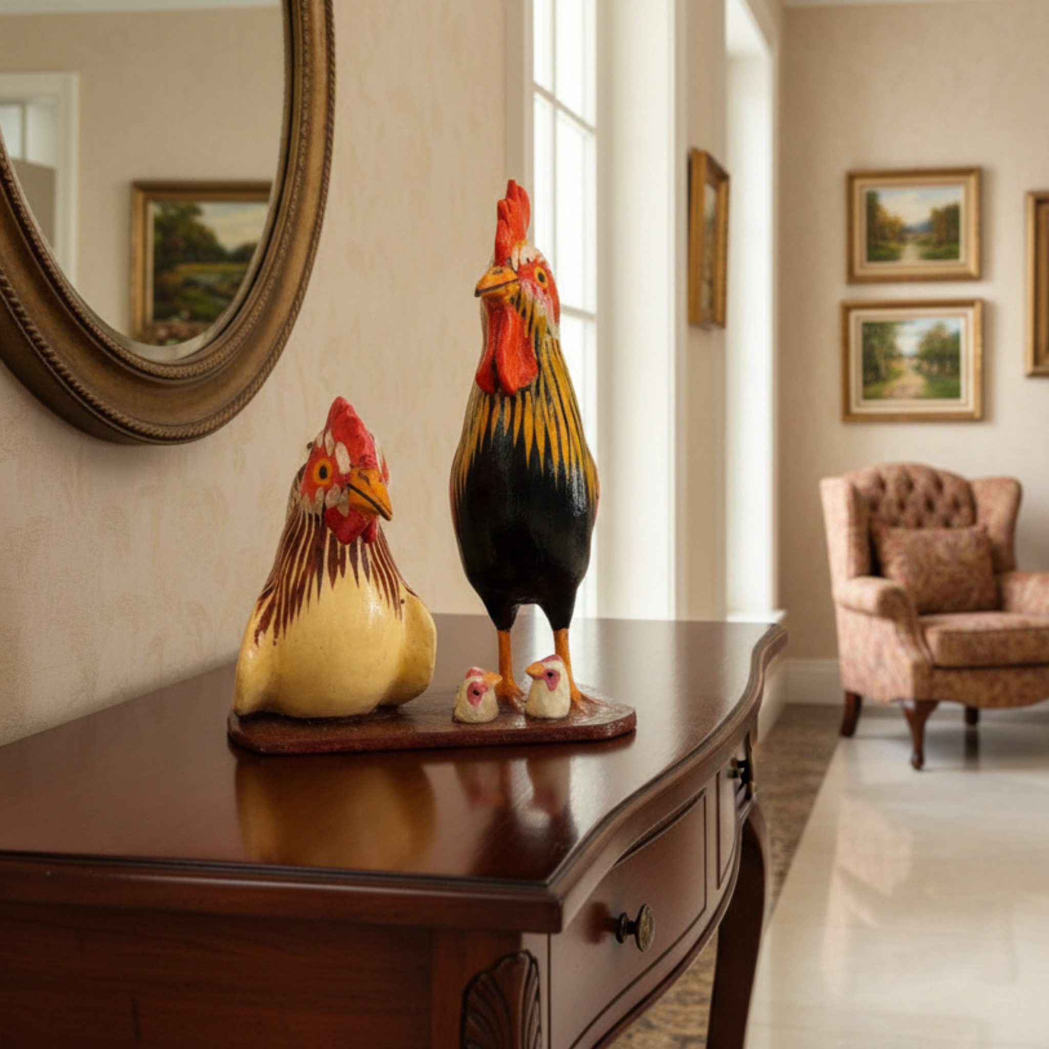 Telangana Nirmal art rooster and hen family wooden décor toy