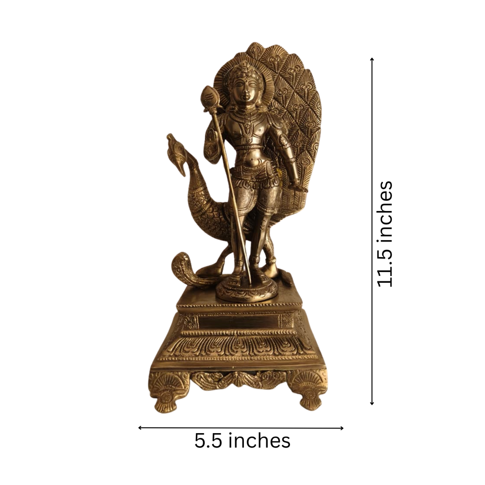 Traditional Lord Kartikeya Statue with Peacock and Vel for Home Temple & Spiritual Decor   Brass Artwork